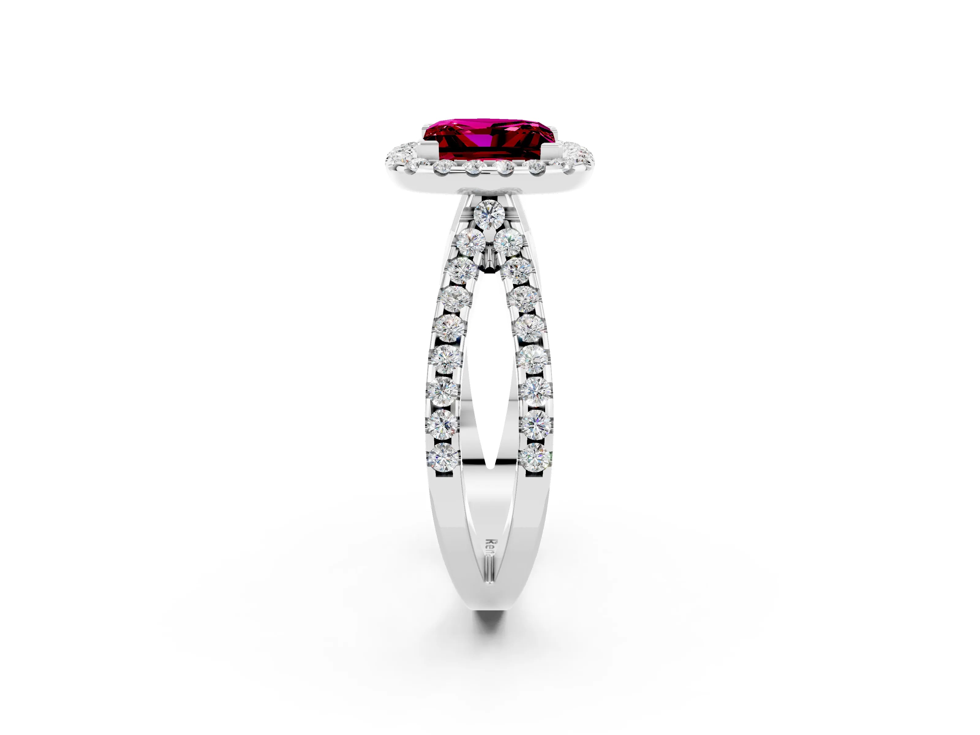 White gold Princess Cut Garnet Halo Ring with Split Shank Pavé Band and Prong Setting_2