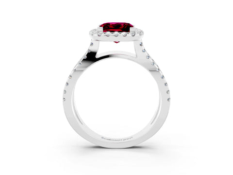 White gold Princess Cut Garnet Halo Ring with Split Shank Pavé Band and Prong Setting_3