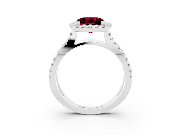 Silver Princess Cut Garnet Halo Ring with Split Shank Pavé Band and Prong Setting