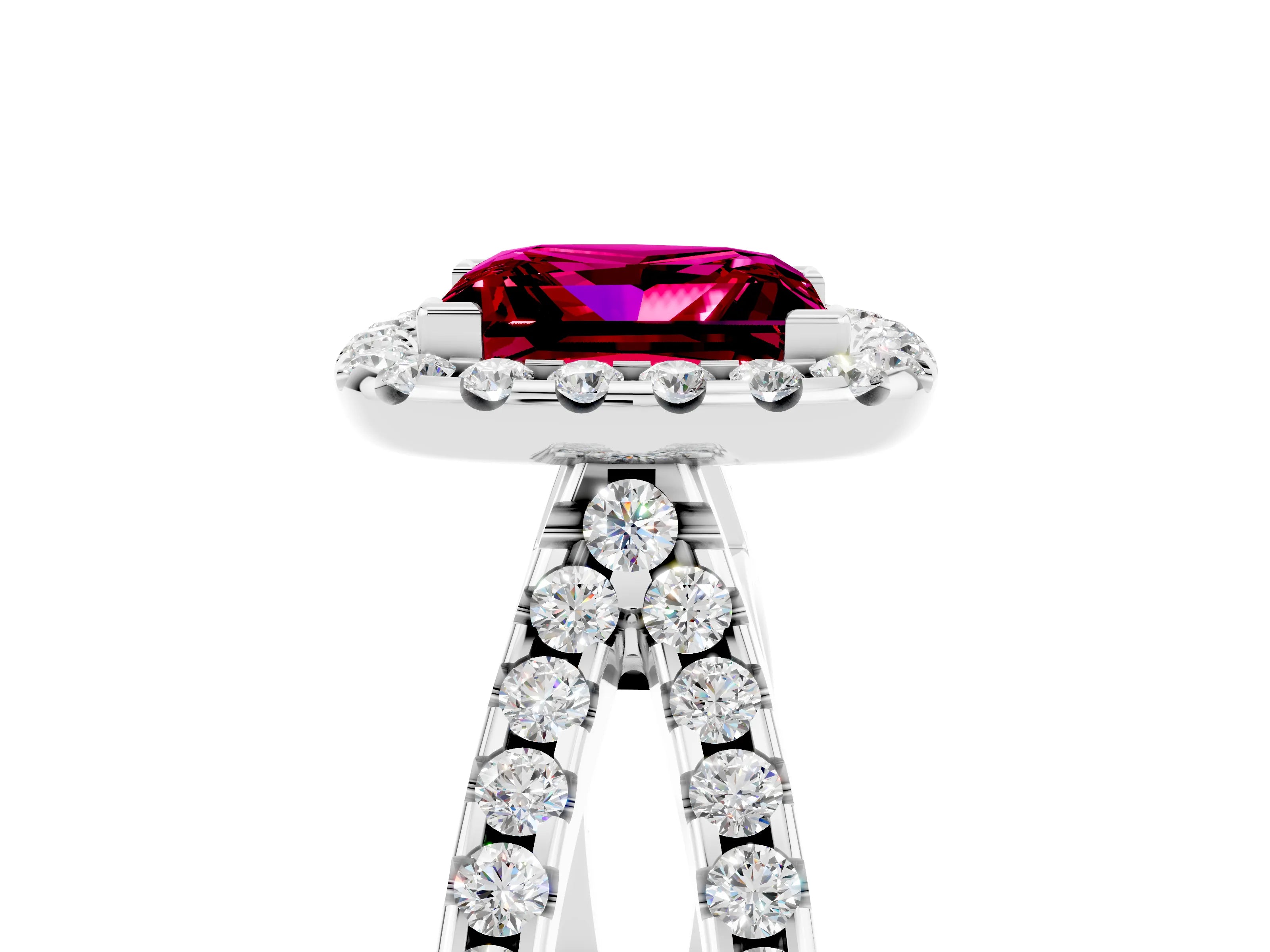 White gold Princess Cut Garnet Halo Ring with Split Shank Pavé Band and Prong Setting_5