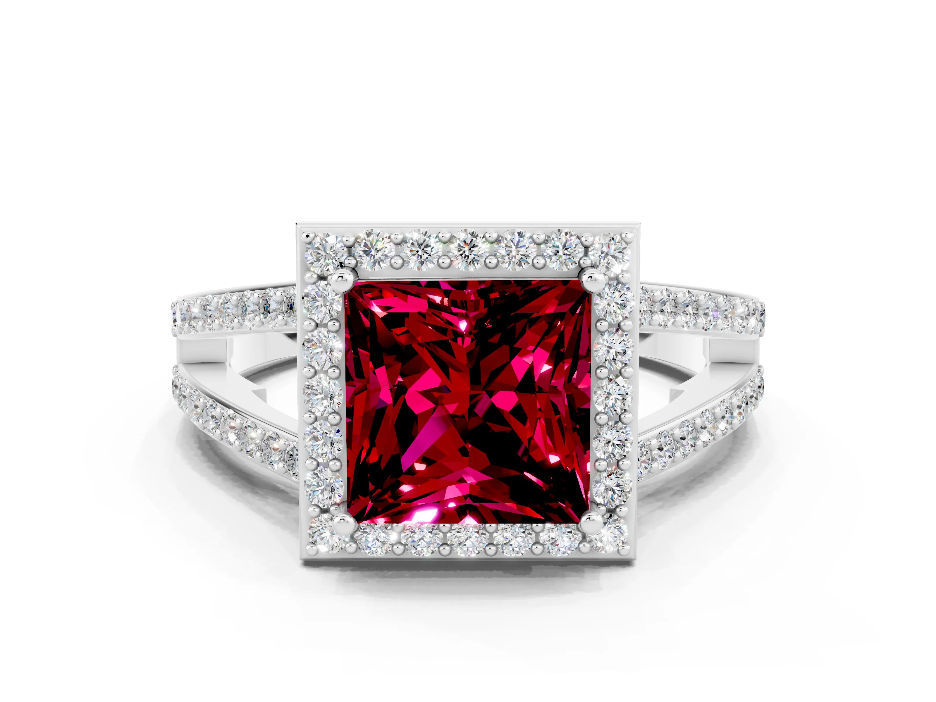 White gold Princess Cut Garnet Halo Ring with Split Shank U-Prong Band and Four-Prong Setting