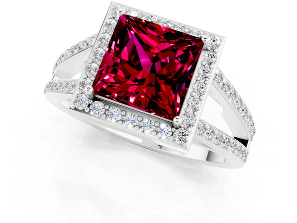 Platinum Princess Cut Garnet Halo Ring with Split Shank U-Prong Band and Four-Prong Setting
