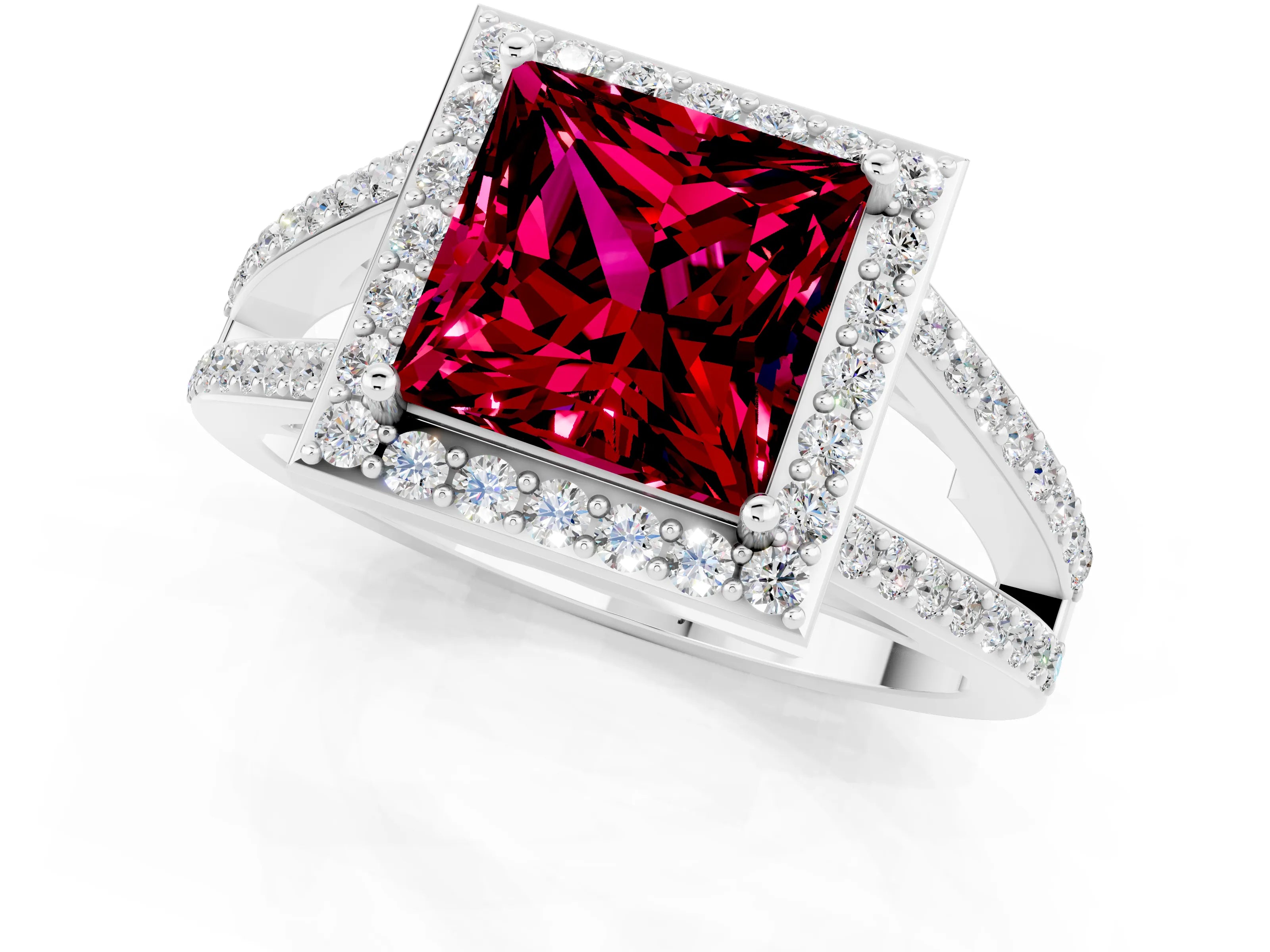 White gold Princess Cut Garnet Halo Ring with Split Shank U-Prong Band and Four-Prong Setting_1