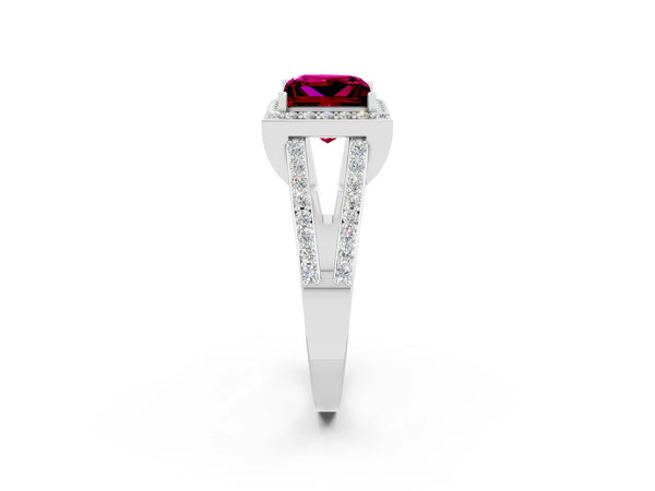 Platinum Princess Cut Garnet Halo Ring with Split Shank U-Prong Band and Four-Prong Setting