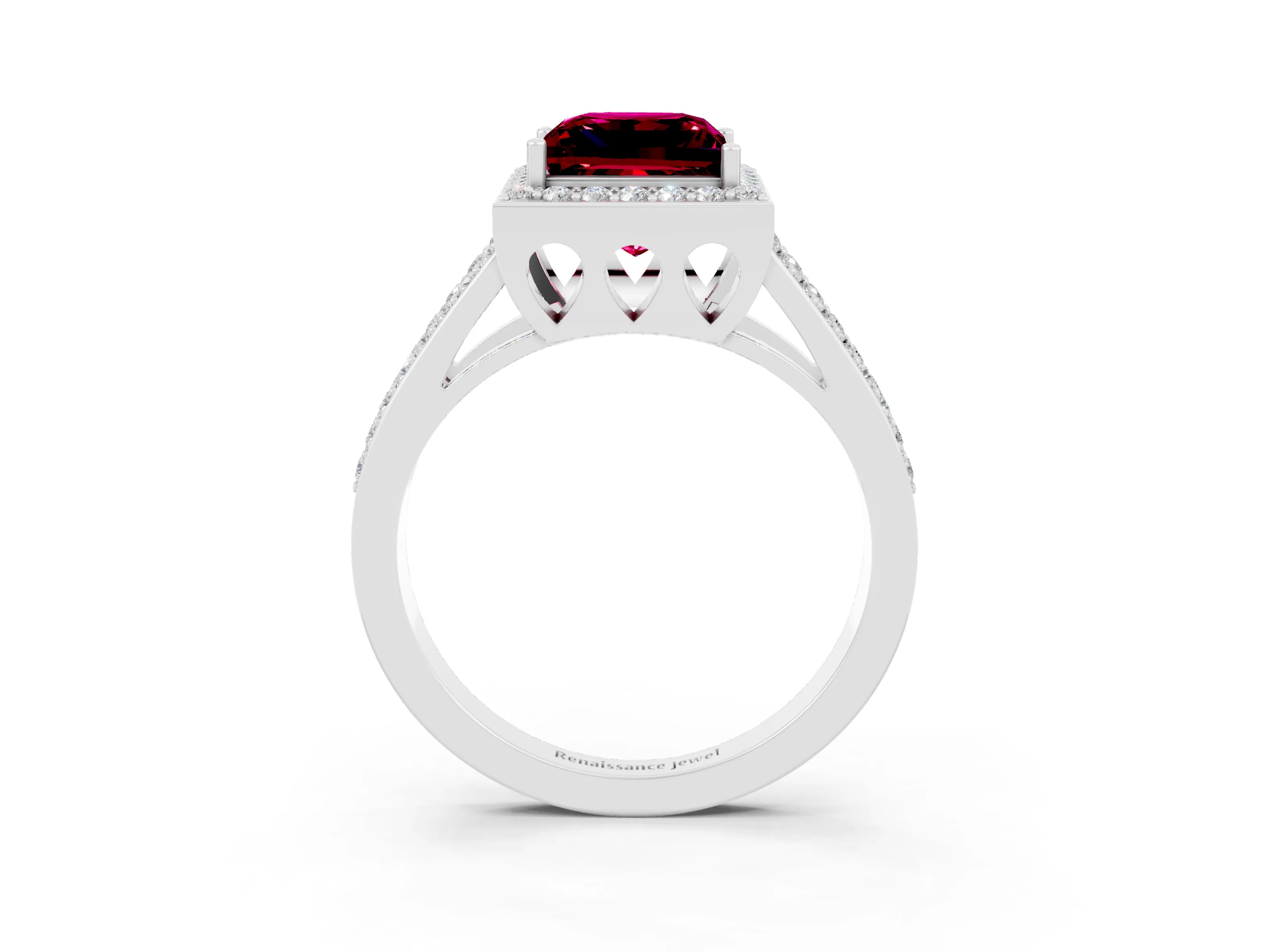 White gold Princess Cut Garnet Halo Ring with Split Shank U-Prong Band and Four-Prong Setting_3