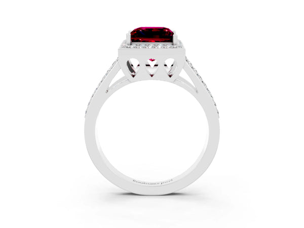 Silver Princess Cut Garnet Halo Ring with Split Shank U-Prong Band and Four-Prong Setting