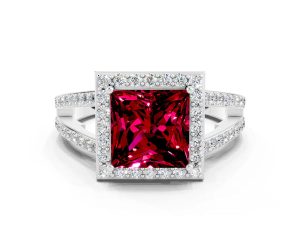 White gold Princess Cut Garnet Halo Ring with Split Shank U-Prong Band and Four-Prong Setting