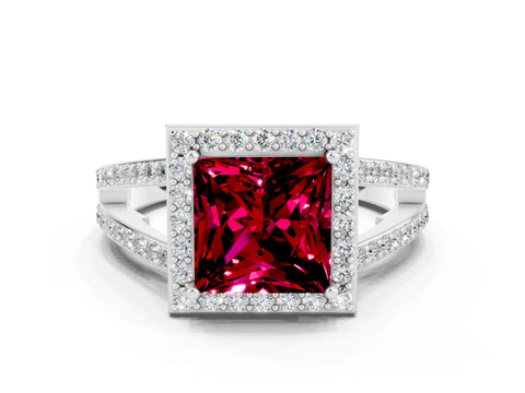 White gold Princess Cut Garnet Halo Ring with Split Shank U-Prong Band and Four-Prong Setting