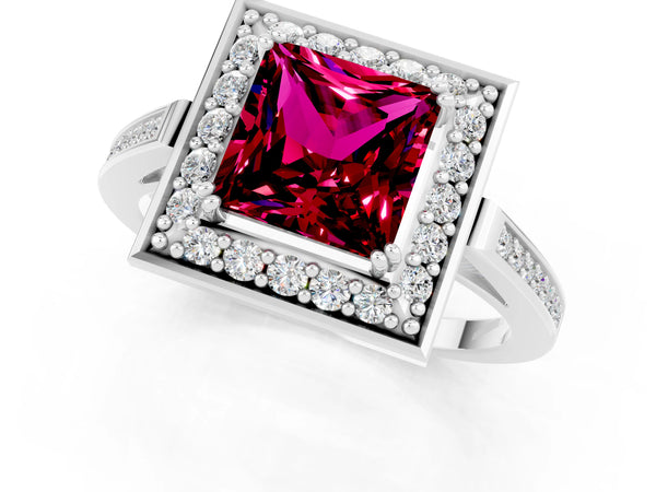 Silver Princess Cut Garnet Halo Ring with Split Shank and Four-Prong Setting
