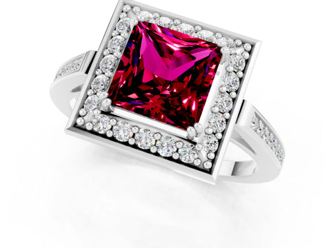 White gold Princess Cut Garnet Halo Ring with Split Shank and Four-Prong Setting_11