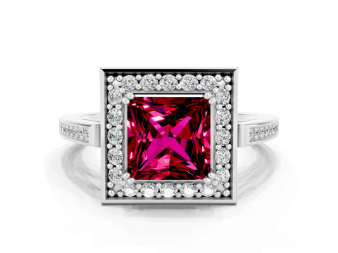 White gold Princess Cut Garnet Halo Ring with Split Shank and Four-Prong Setting_12