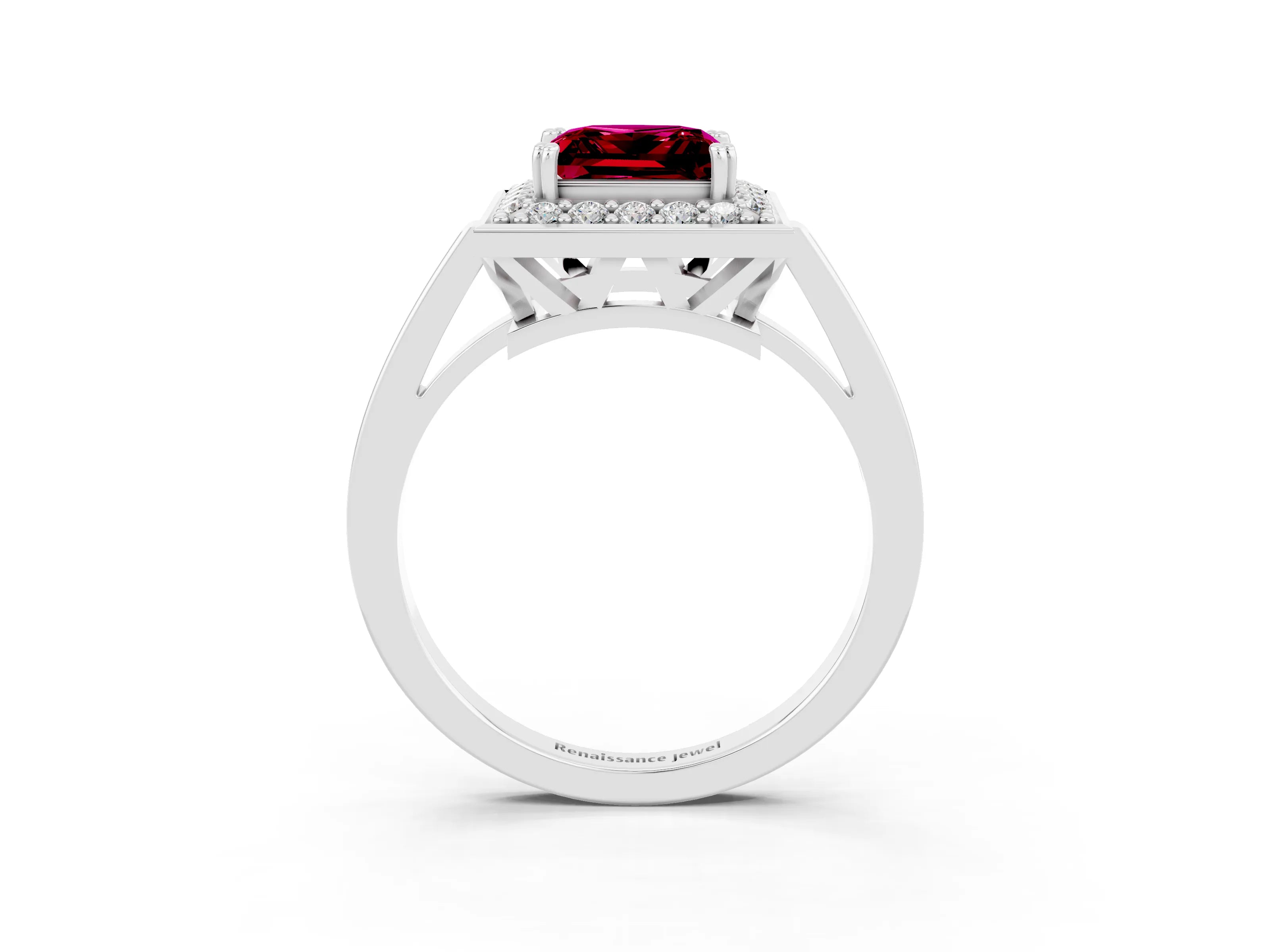 White gold Princess Cut Garnet Halo Ring with Split Shank and Four-Prong Setting_13