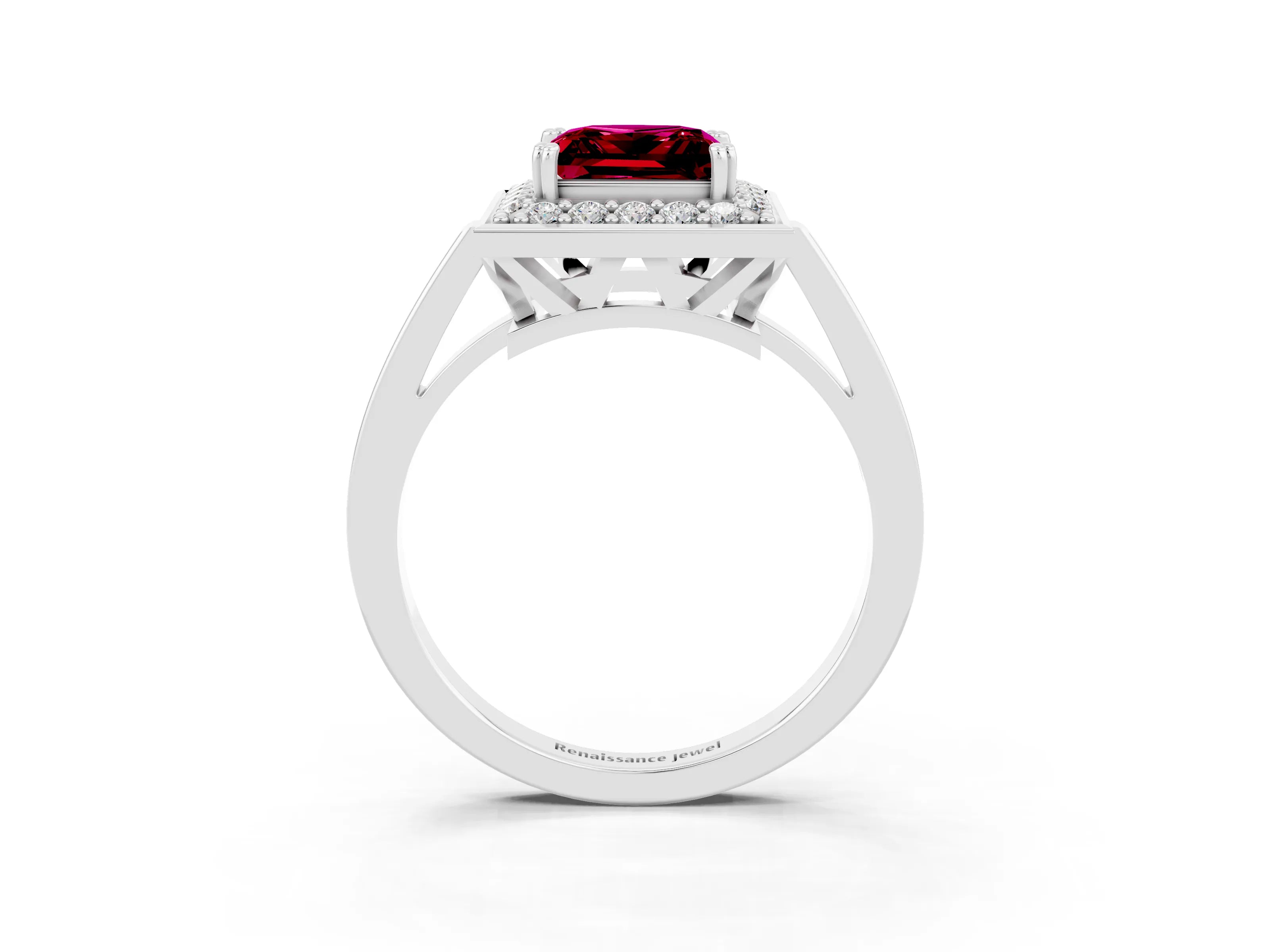 White gold Princess Cut Garnet Halo Ring with Split Shank and Four-Prong Setting_15