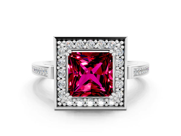 White gold Princess Cut Garnet Halo Ring with Split Shank and Four-Prong Setting