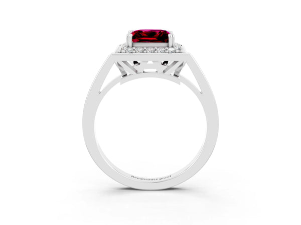 White gold Princess Cut Garnet Halo Ring with Split Shank and Four-Prong Setting