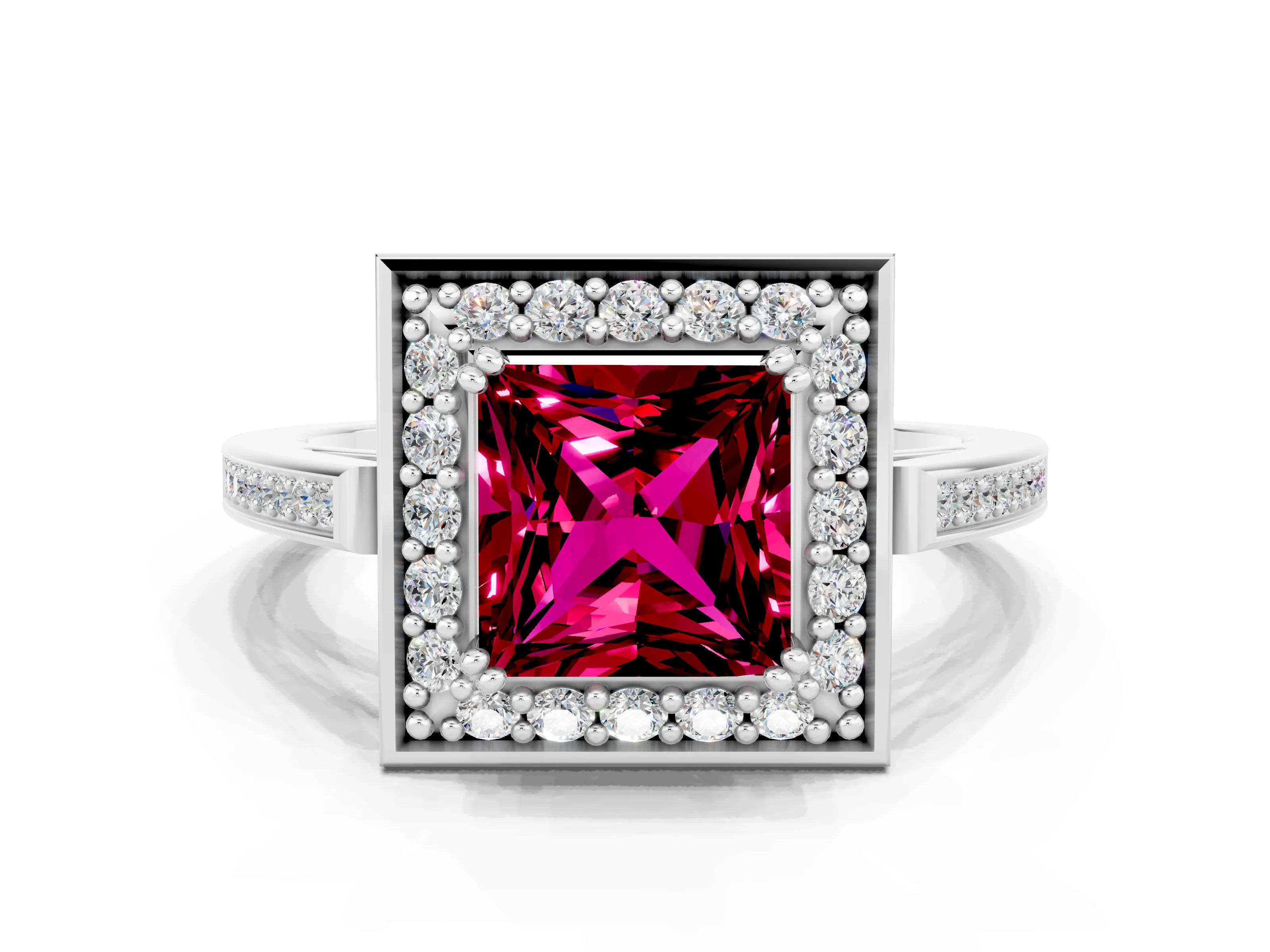 White gold Princess Cut Garnet Halo Ring with Split Shank and Four-Prong Setting_24