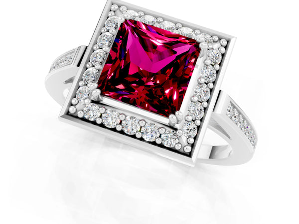 Silver Princess Cut Garnet Halo Ring with Split Shank and Four-Prong Setting