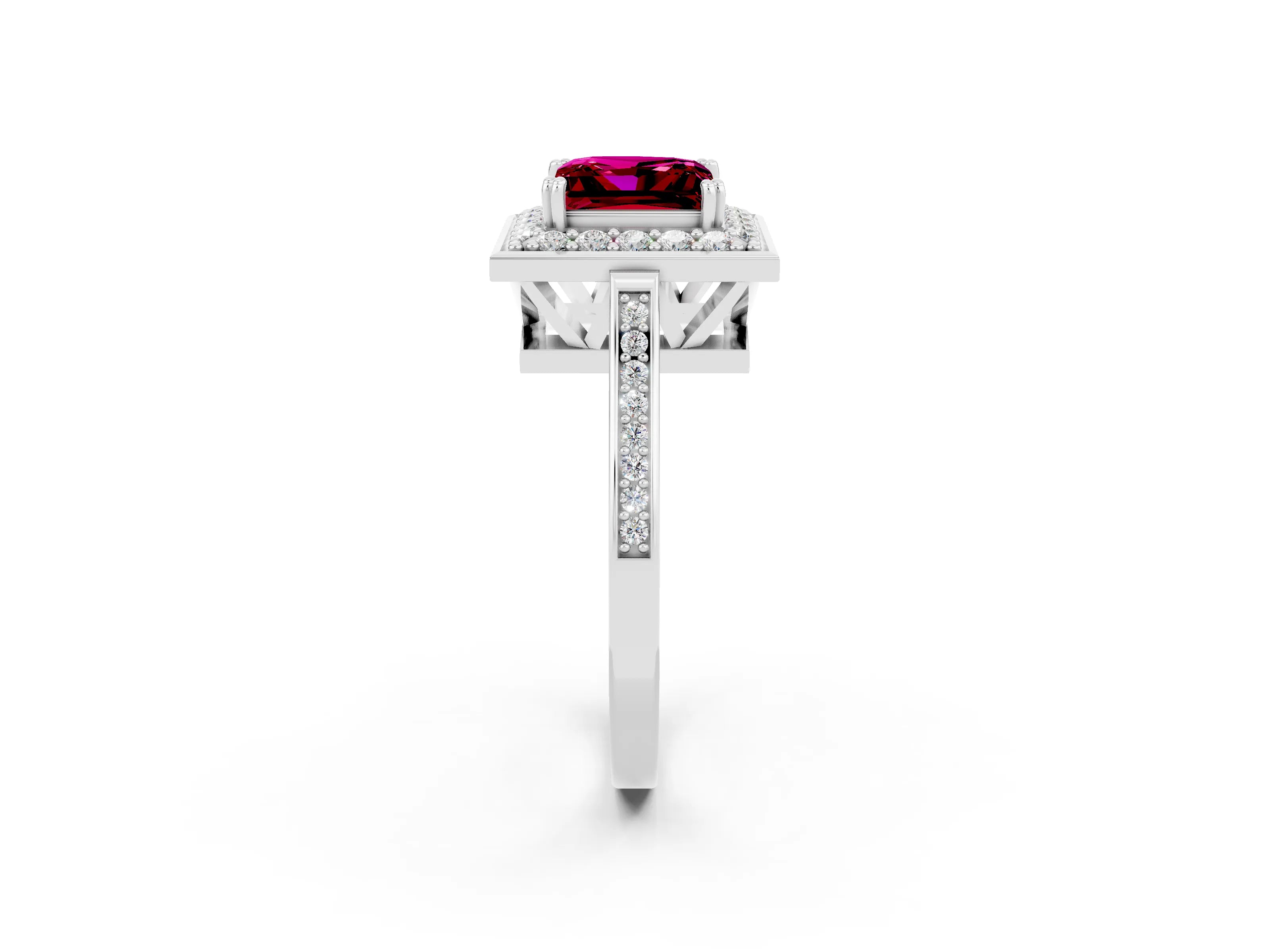 White gold Princess Cut Garnet Halo Ring with Split Shank and Four-Prong Setting_26
