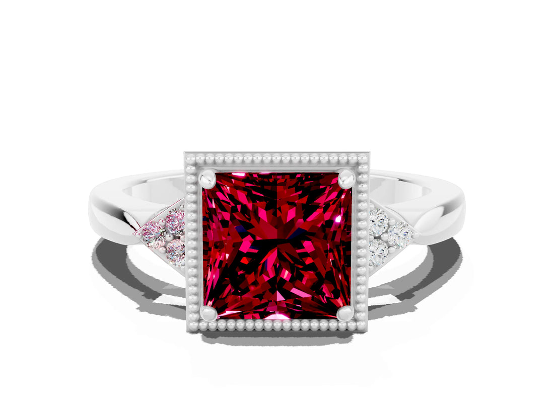 White gold Princess Cut Garnet Halo Ring with Tapered Band and Four-Prong Setting