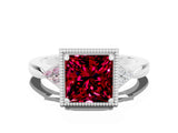 White gold Princess Cut Garnet Halo Ring with Tapered Band and Four-Prong Setting