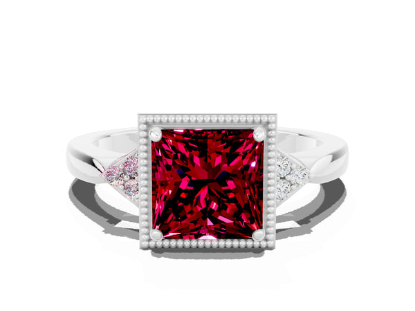 Platinum Princess Cut Garnet Halo Ring with Tapered Band and Four-Prong Setting