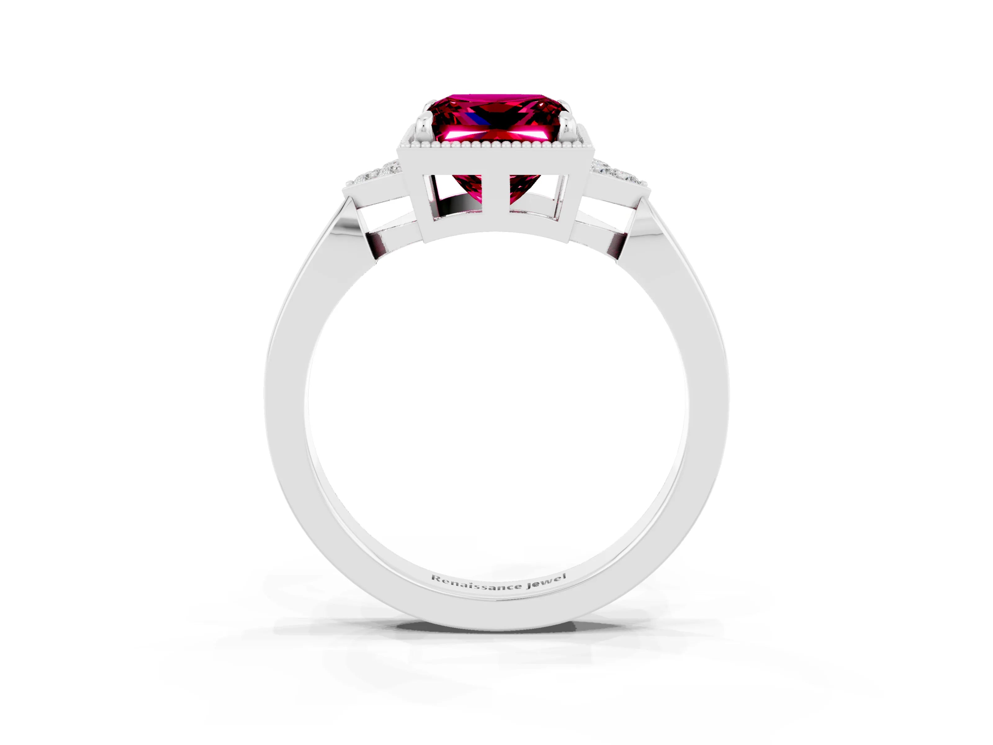 White gold Princess Cut Garnet Halo Ring with Tapered Band and Four-Prong Setting_3