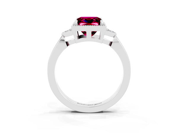 White gold Princess Cut Garnet Halo Ring with Tapered Band and Four-Prong Setting