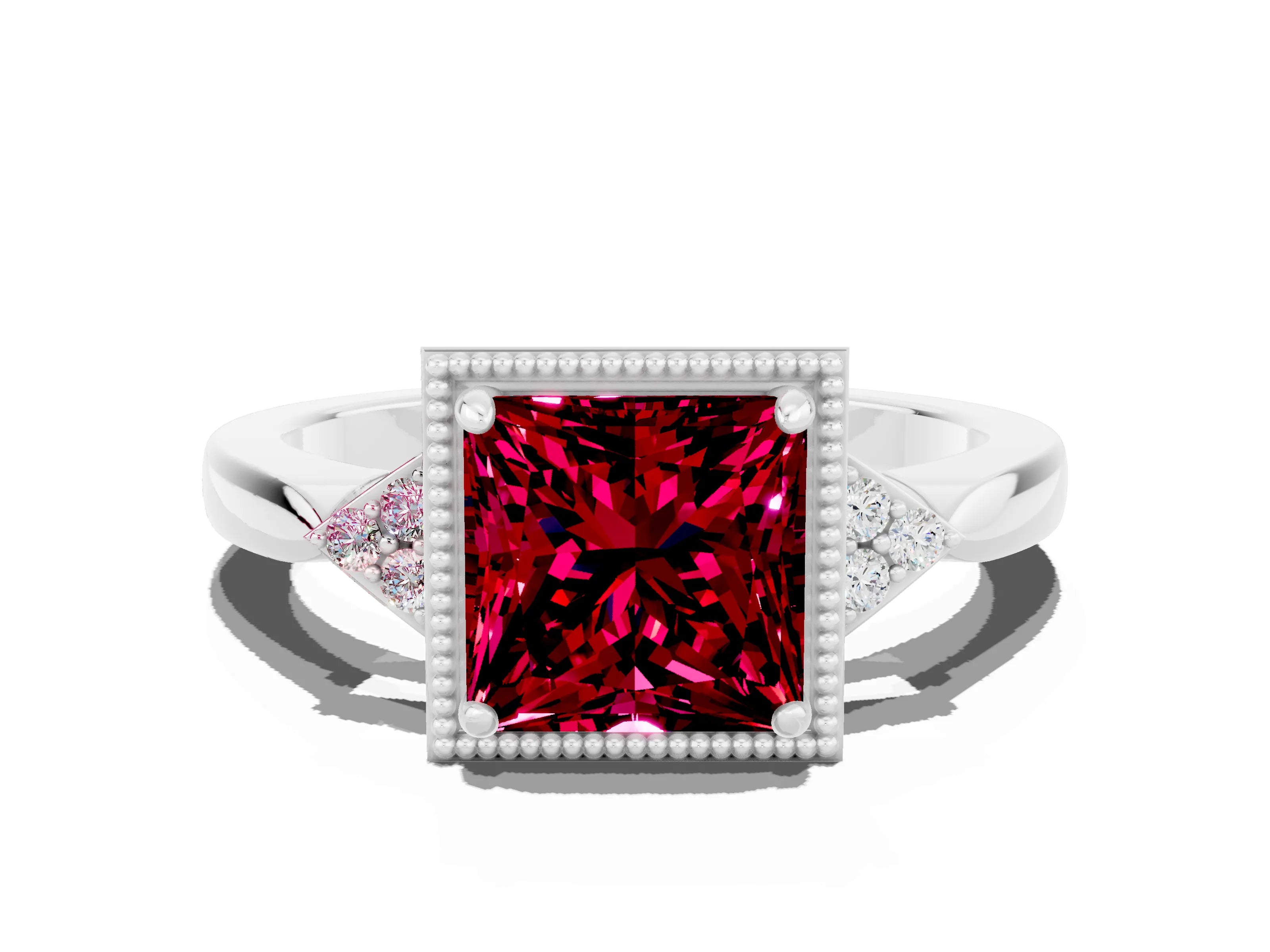 White gold Princess Cut Garnet Halo Ring with Tapered Band and Four-Prong Setting