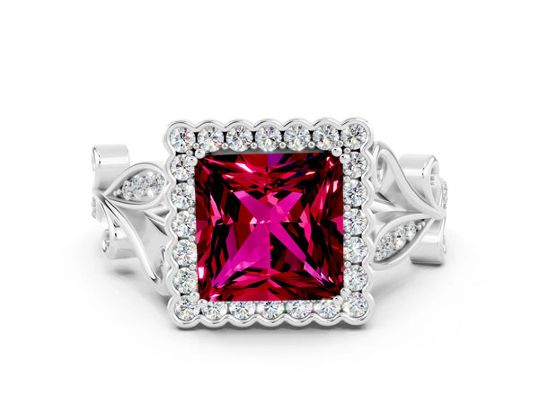 White gold Princess Cut Garnet Halo Ring with Vintage Split Shank and Four-Prong Setting