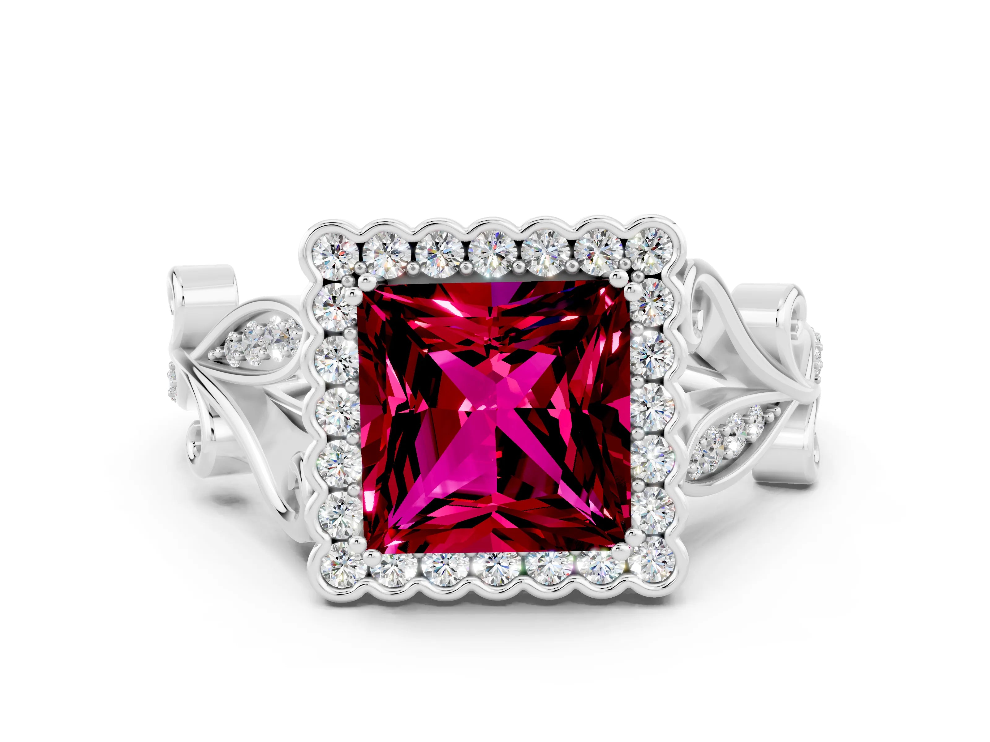 White gold Princess Cut Garnet Halo Ring with Vintage Split Shank and Four-Prong Setting_24