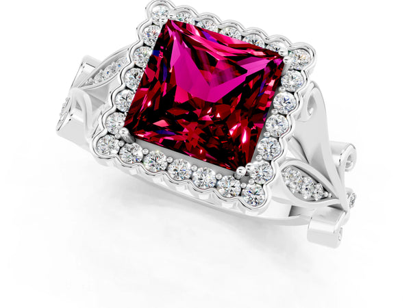 Silver Princess Cut Garnet Halo Ring with Vintage Split Shank and Four-Prong Setting