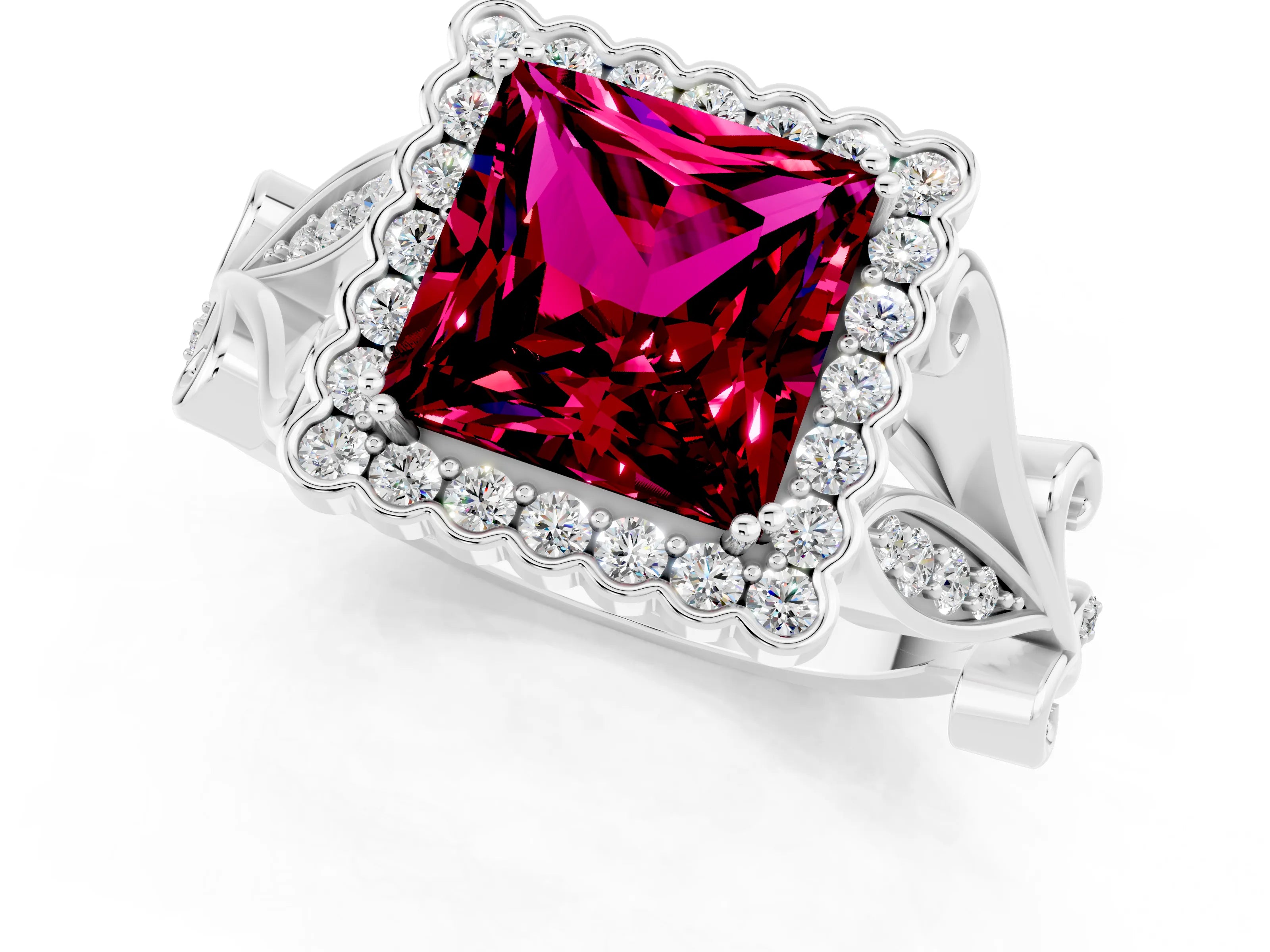 White gold Princess Cut Garnet Halo Ring with Vintage Split Shank and Four-Prong Setting_25