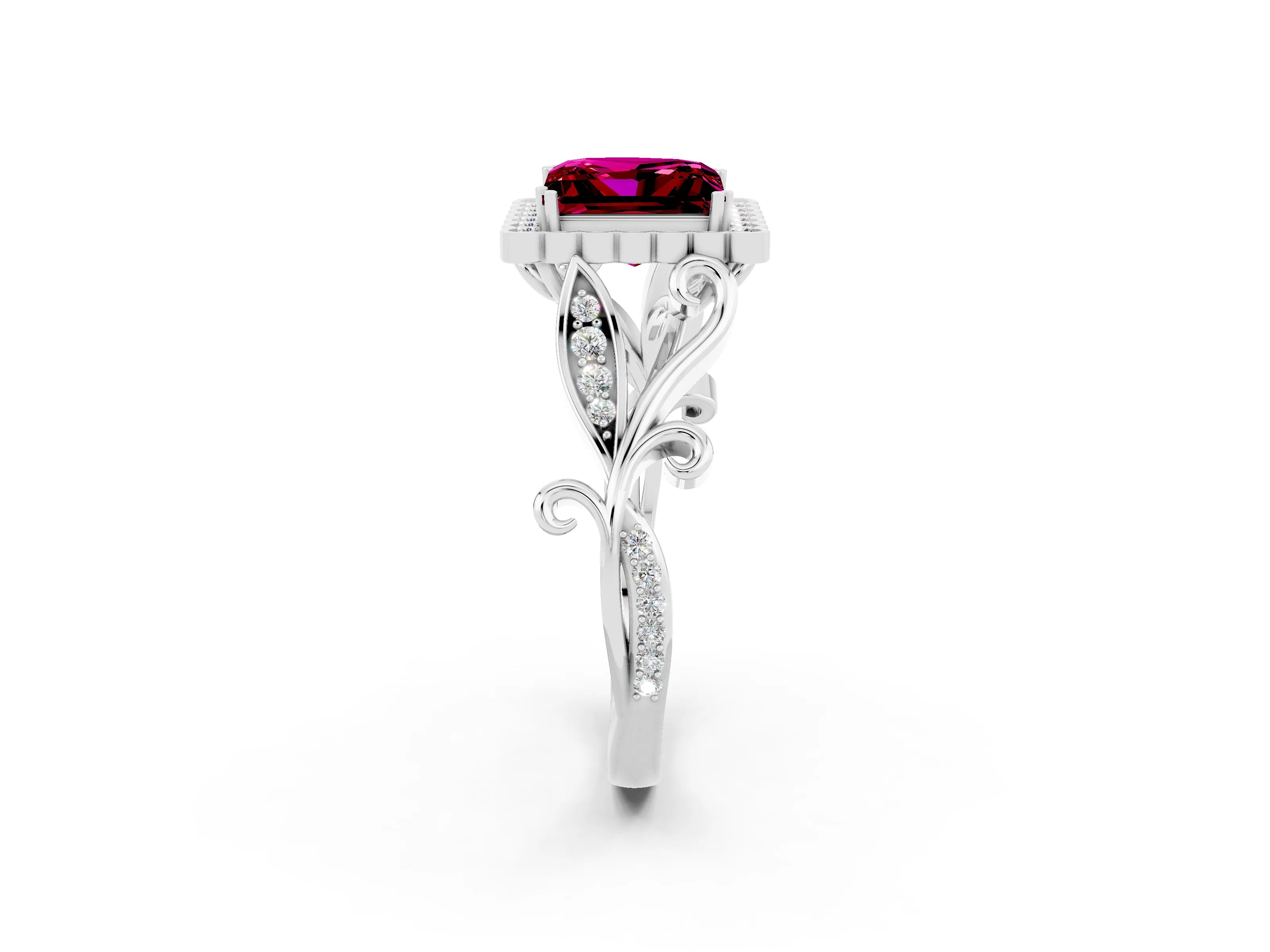 White gold Princess Cut Garnet Halo Ring with Vintage Split Shank and Four-Prong Setting_26