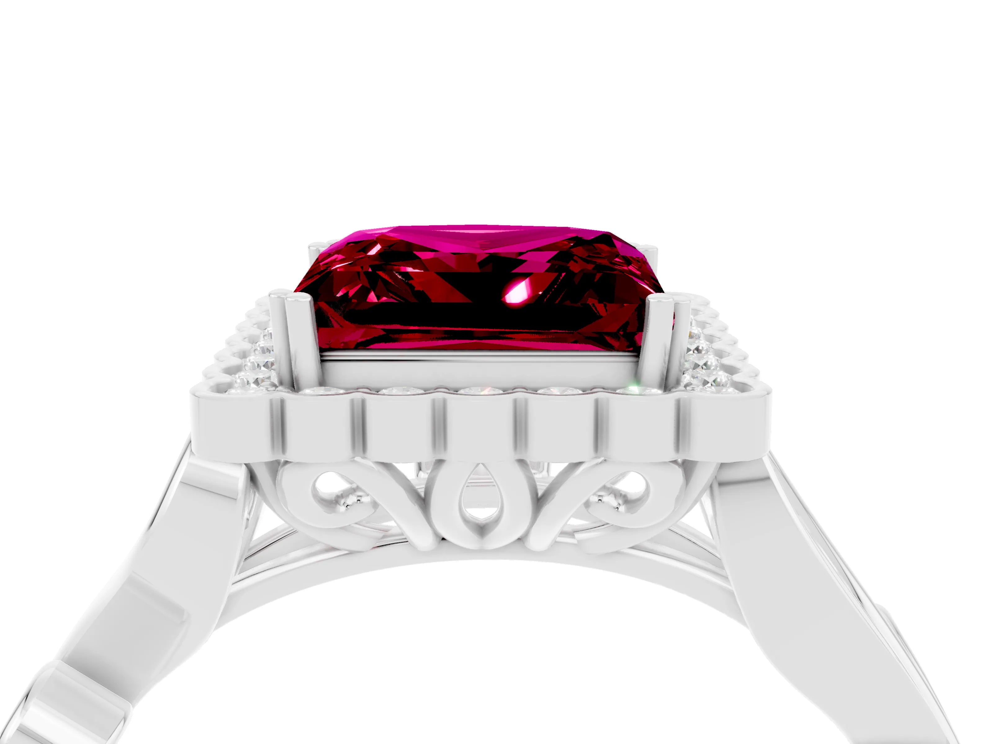 White gold Princess Cut Garnet Halo Ring with Vintage Split Shank and Four-Prong Setting_28