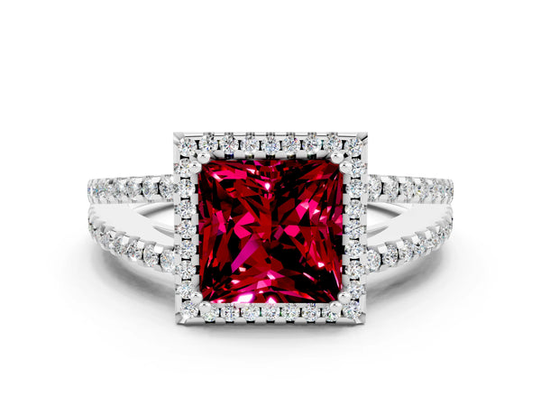 Silver Princess Cut Garnet Halo Split Shank Engagement Ring