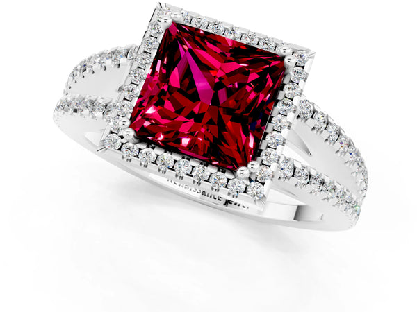 Silver Princess Cut Garnet Halo Split Shank Engagement Ring