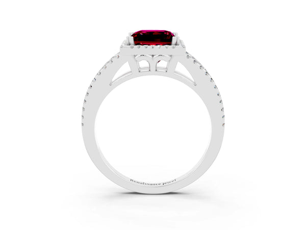 Silver Princess Cut Garnet Halo Split Shank Engagement Ring