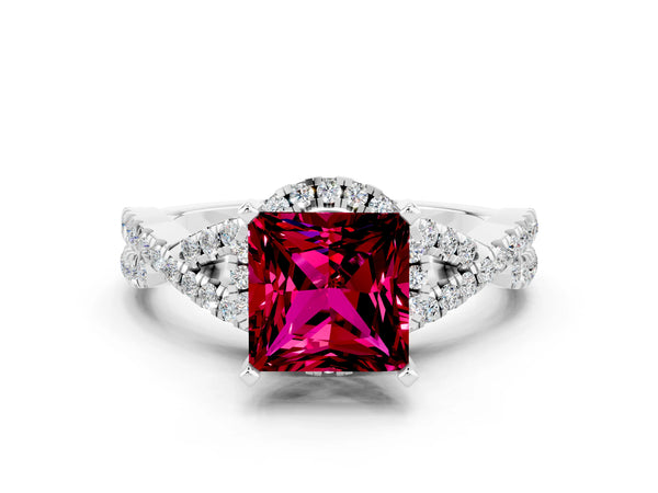 Platinum Princess Cut Garnet  Halo Twist Band Solitaire Prong Setting Ring
