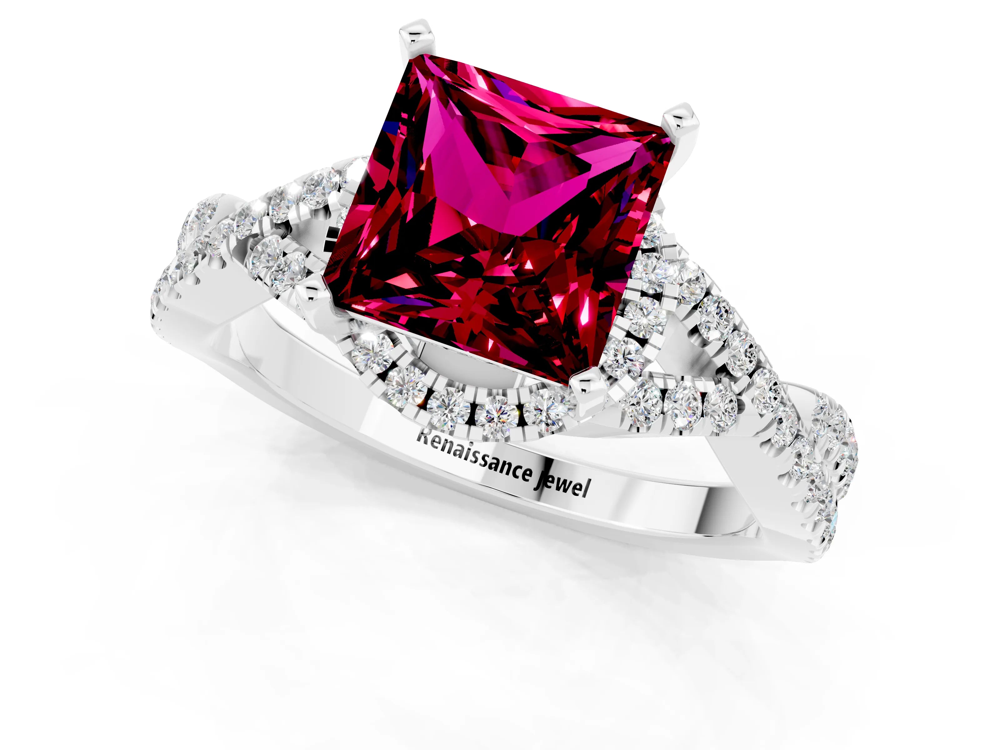 White gold Princess Cut Garnet Halo Twist Band Solitaire Prong Setting Ring_1