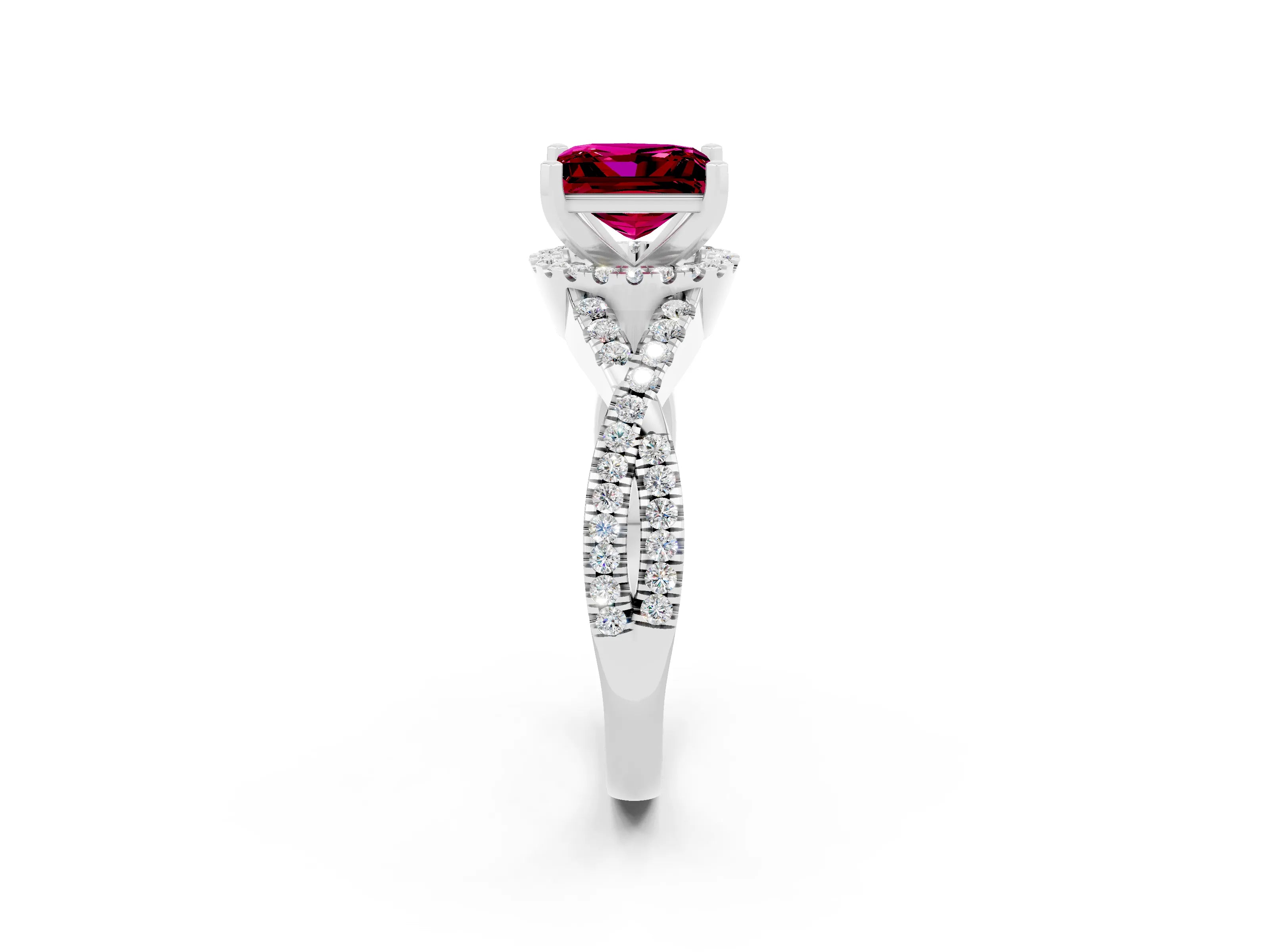 White gold Princess Cut Garnet Halo Twist Band Solitaire Prong Setting Ring_2