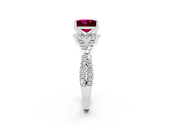 Silver Princess Cut Garnet  Halo Twist Band Solitaire Prong Setting Ring