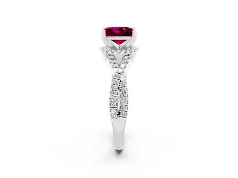 White gold Princess Cut Garnet Halo Twist Band Solitaire Prong Setting Ring_2