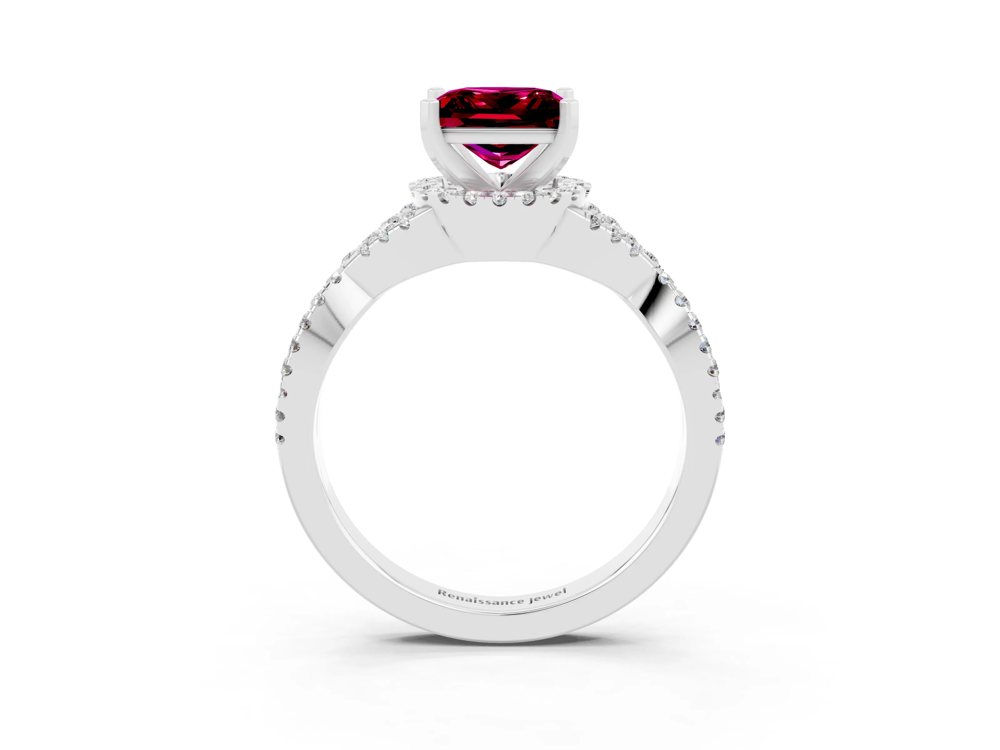 White gold Princess Cut Garnet Halo Twist Band Solitaire Prong Setting Ring_3