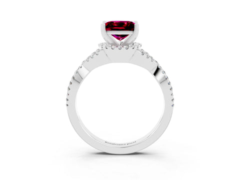 White gold Princess Cut Garnet Halo Twist Band Solitaire Prong Setting Ring_3