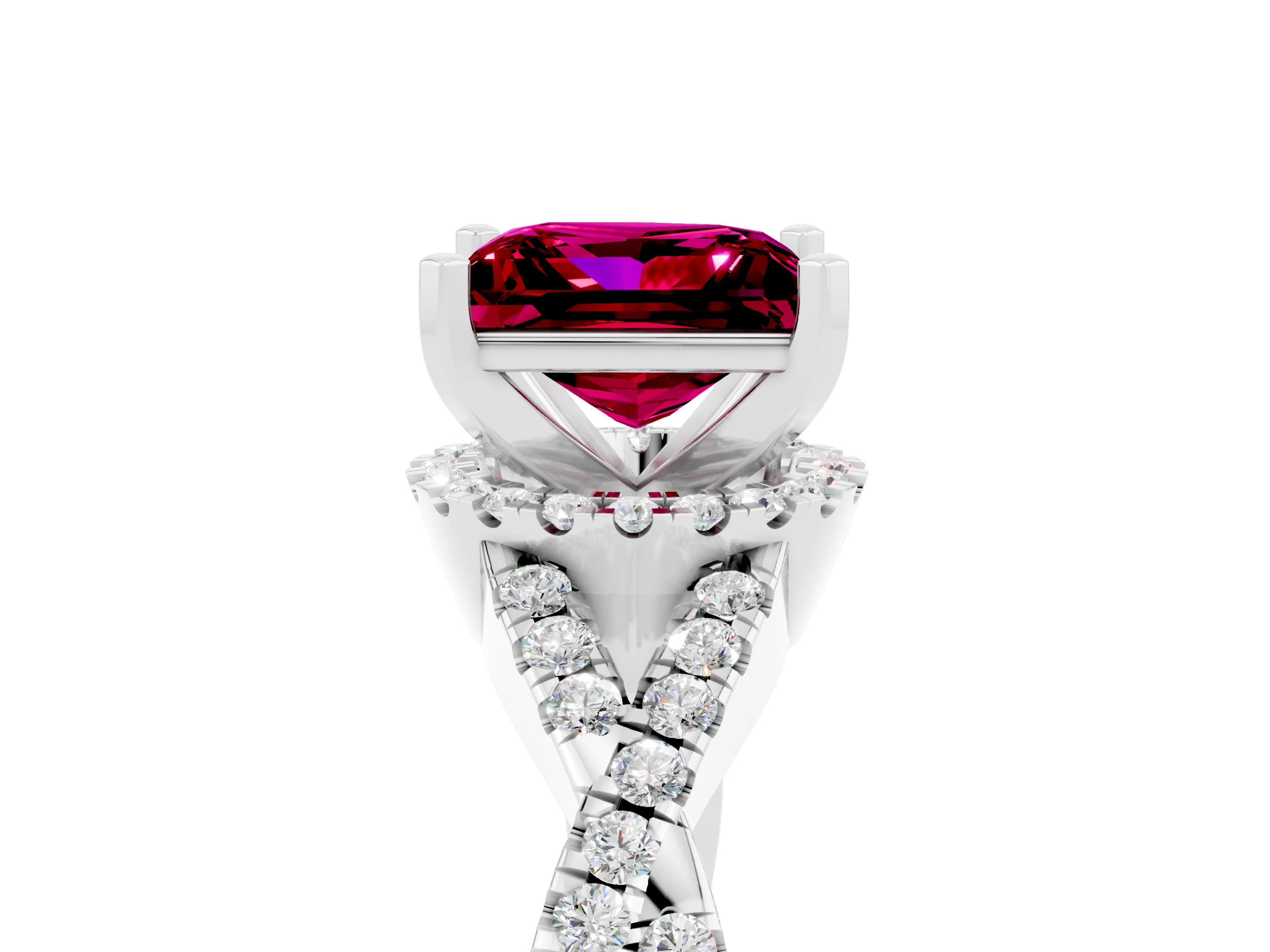 White gold Princess Cut Garnet Halo Twist Band Solitaire Prong Setting Ring_5