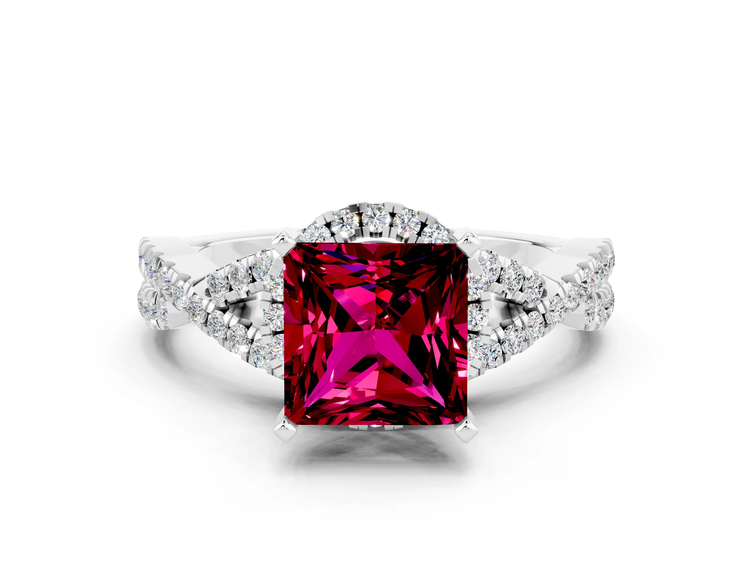 White gold Princess Cut Garnet Halo Twist Band Solitaire Prong Setting Ring