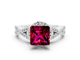 White gold Princess Cut Garnet Halo Twist Band Solitaire Prong Setting Ring