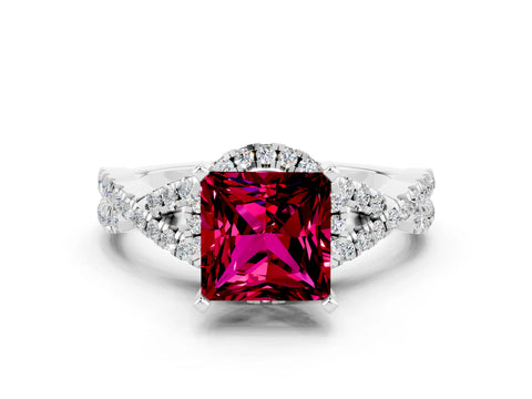 White gold Princess Cut Garnet Halo Twist Band Solitaire Prong Setting Ring