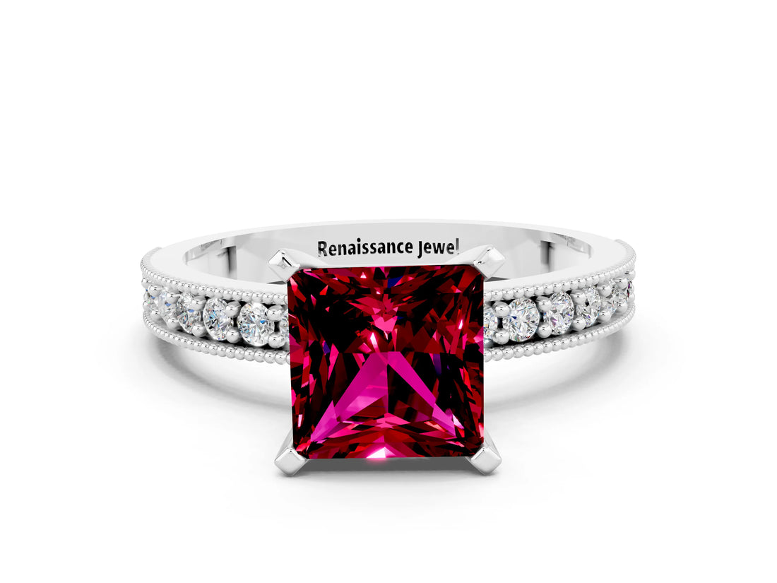 White gold Princess Cut Garnet Milgrain Pavé Engagement Ring with Four-Prong Setting_12