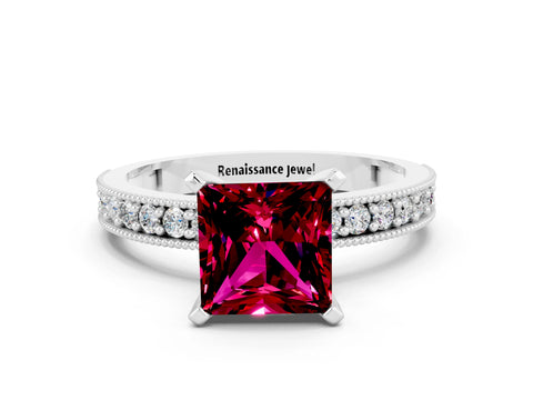 White gold Princess Cut Garnet Milgrain Pavé Engagement Ring with Four-Prong Setting_12